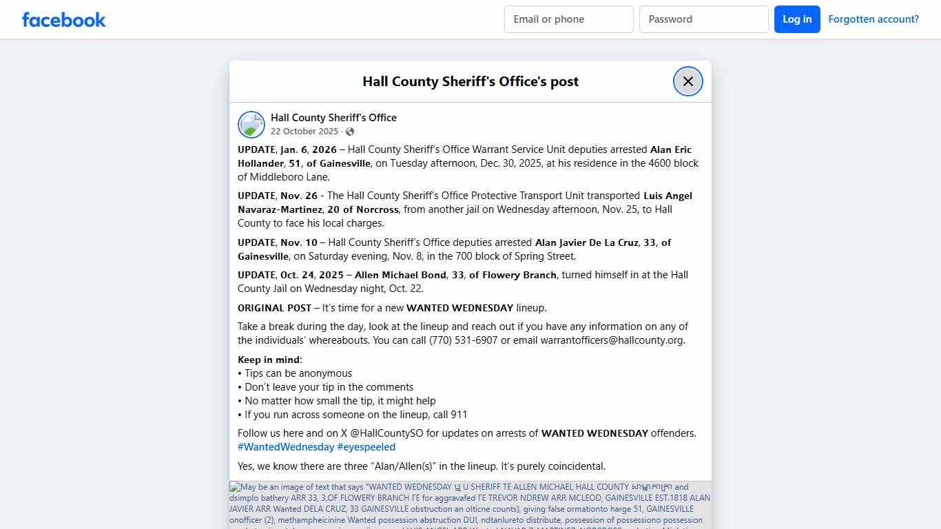 𝗨𝗣𝗗𝗔𝗧𝗘, 𝗝𝗮𝗻. 𝟲, 𝟮𝟬𝟮𝟲 – Hall... - Hall County Sheriff's Office Facebook