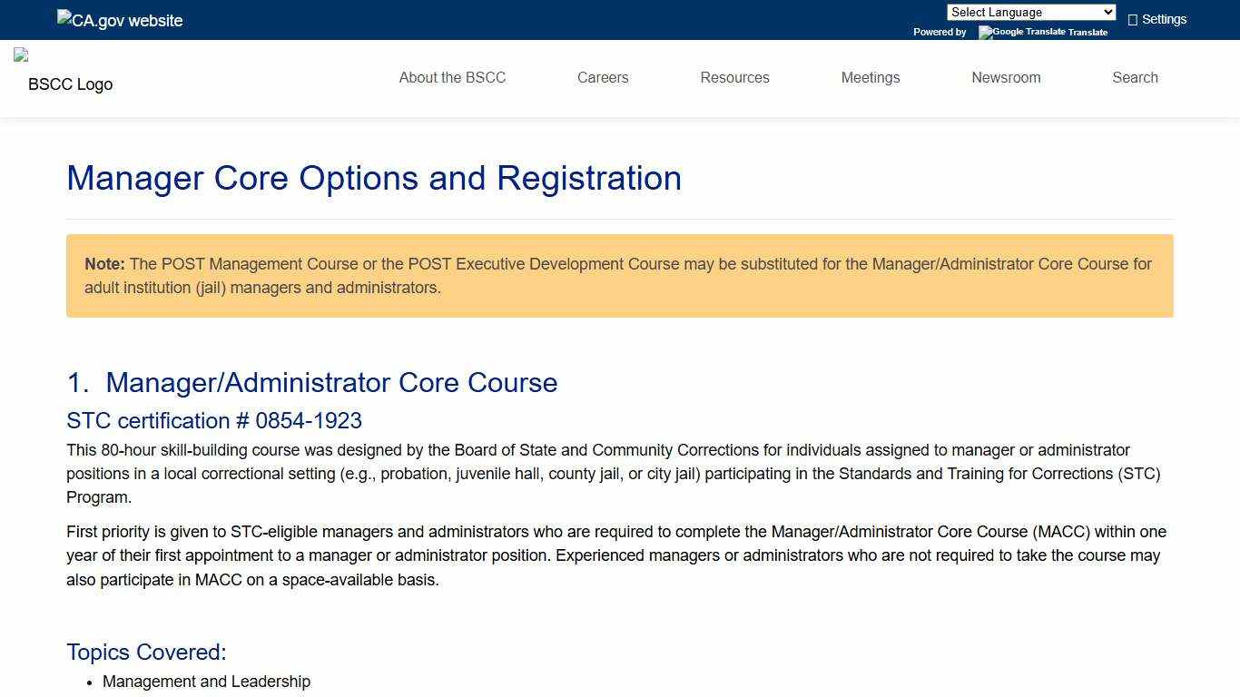 Manager/Administrator Core Course – BSCC
